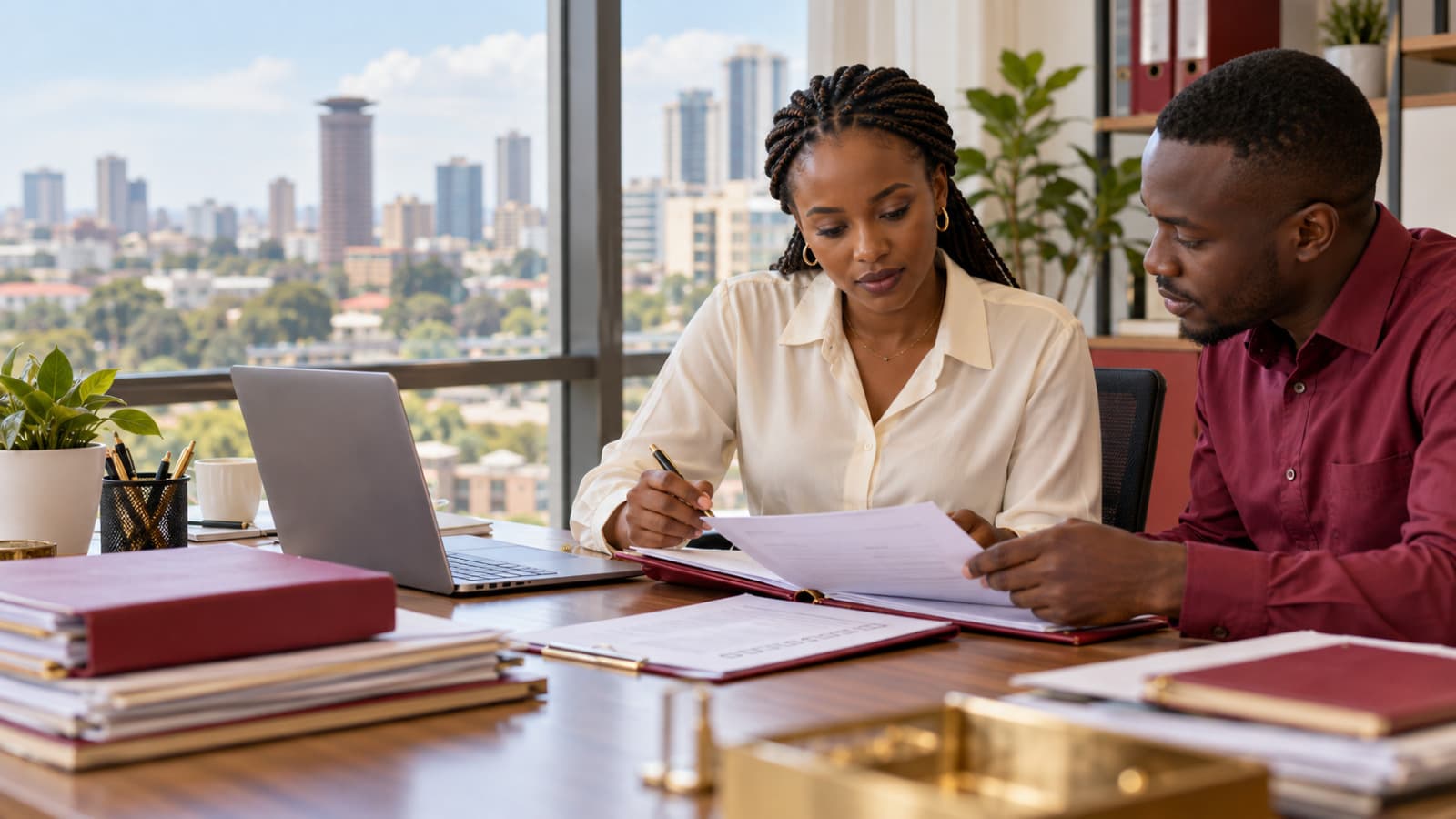 Kenyan business owners reviewing supplier prequalification documents in a Nairobi office.